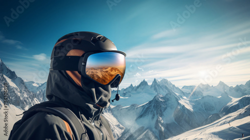 Reflexion of mountains landscape in the ski mask screen
