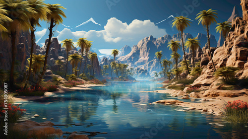 A desert oasis with palm trees, a shimmering lake, and distant sand dunes under a clear sky.