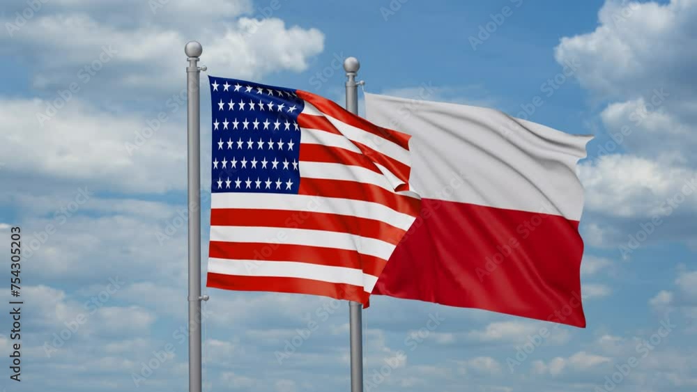 Poland and United States two flags waving together, looped video, two country cooperation concept Poland and United States two flags waving together, looped video, two country cooperation concept