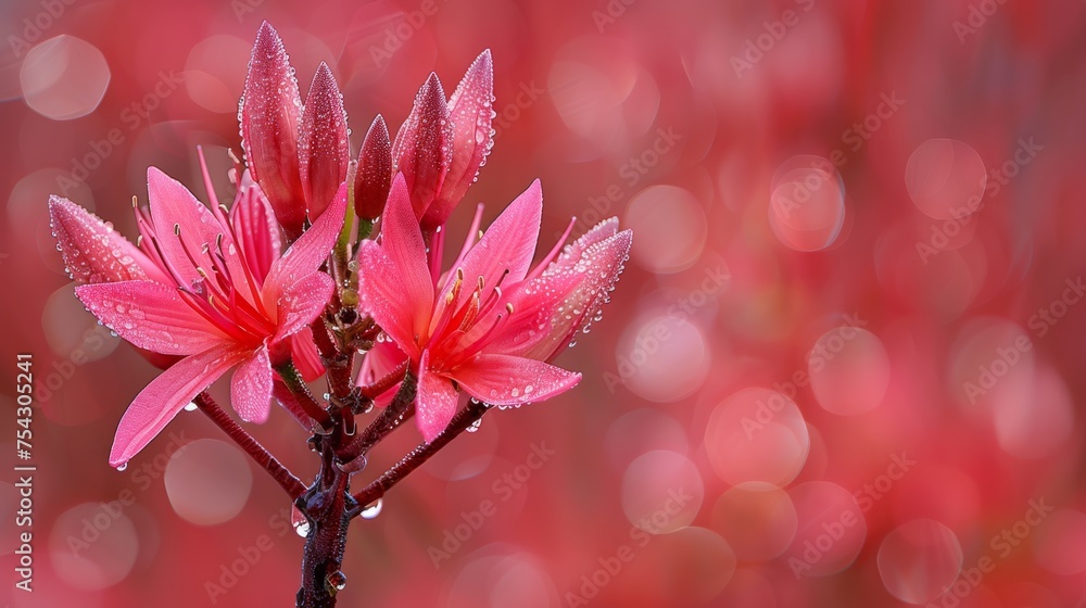  a close up of a pink flower with drops of water on it's petals and a blurry background.