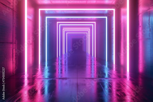 Neon-Lit Tunnel With Long Hallway