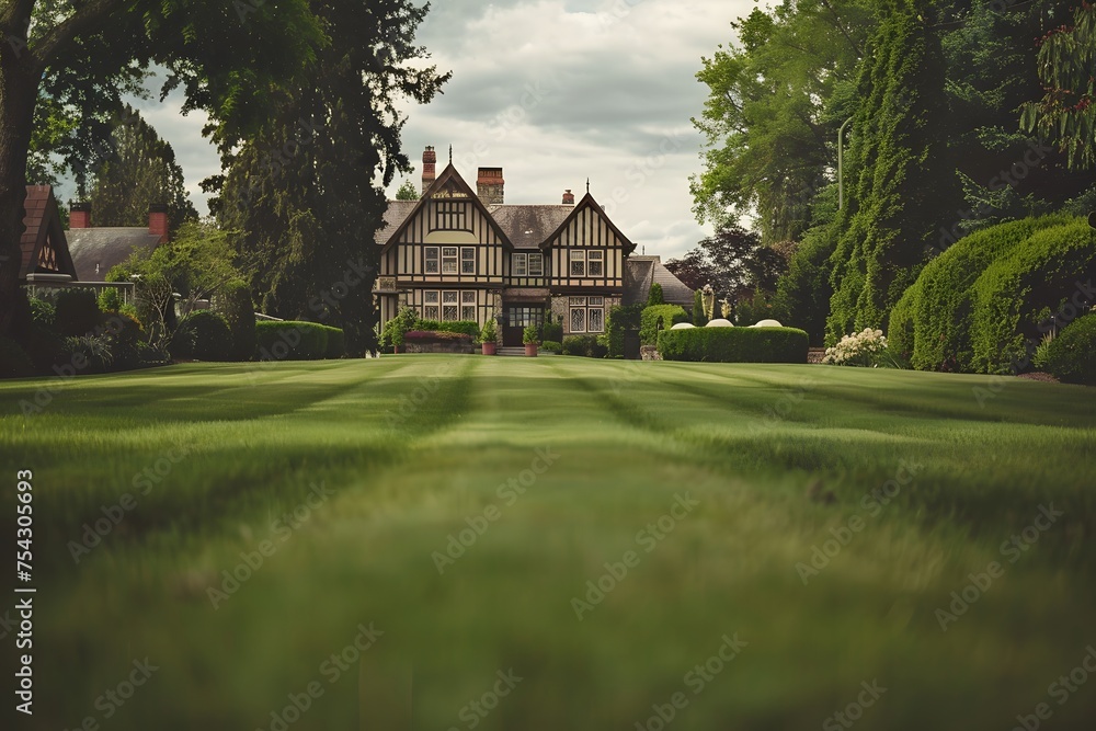 Mowed grass in a large garden, a house in the background. Mowed grass in a large garden, a house in the background.