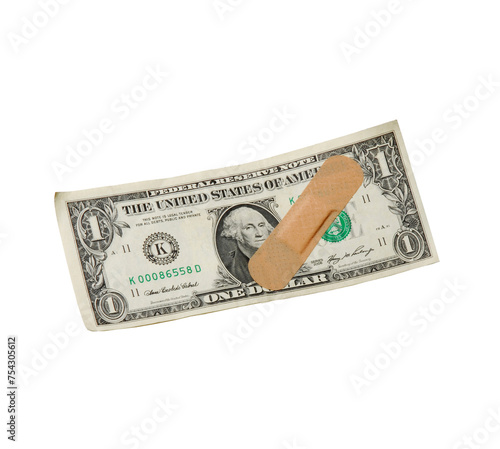 One dollar bill with adhesive band aid isolated on transparent layered background.