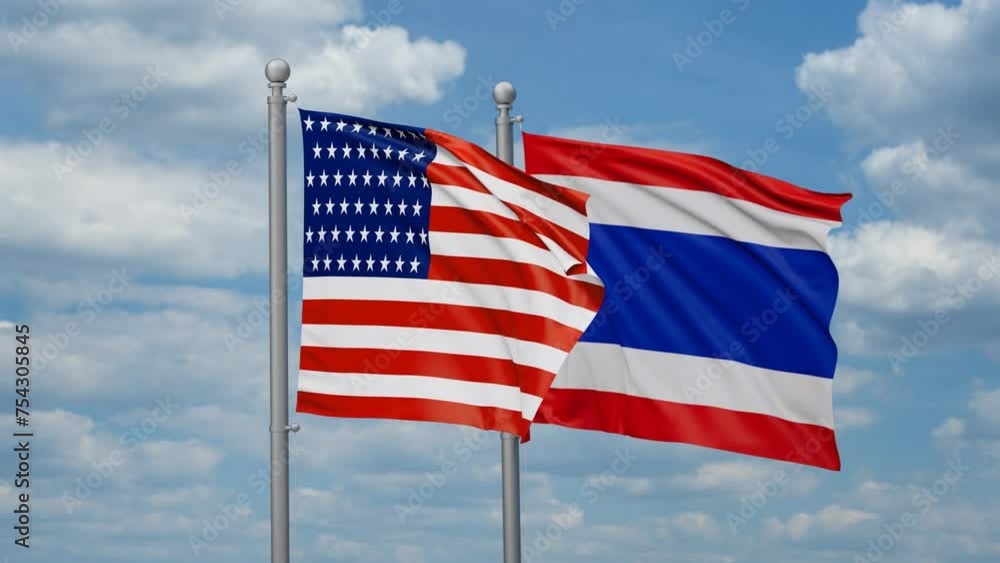 Kingdom of Thailand and United States two flags waving together, looped video, two country cooperation concept Kingdom of Thailand and United States two flags waving together, looped video, two country cooperation concept
