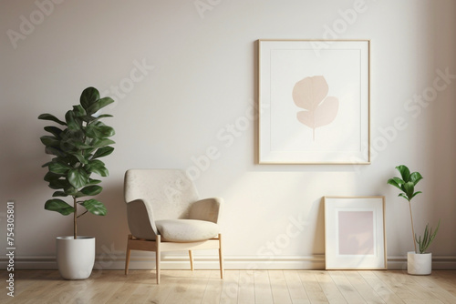 A clean  white frame against beige and Scandinavian tones on a wall  with a glimpse of a modern living room - plain walls  wooden floor  and a hint of a potted plant.