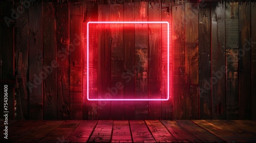 Vibrant neon square frame in a dark rustic setting with ambient mystical allure