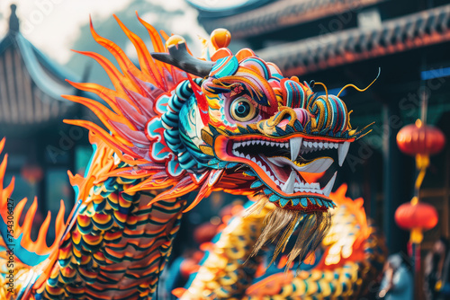 Close-up of the beautifully decorated dragon performing its traditional Chinese New Year dragon dance.