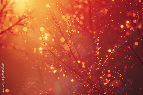Dynamic abstract background featuring glittering gold particles with lens flare, defocused gold particles against a red background, Chinese New Year celebrations