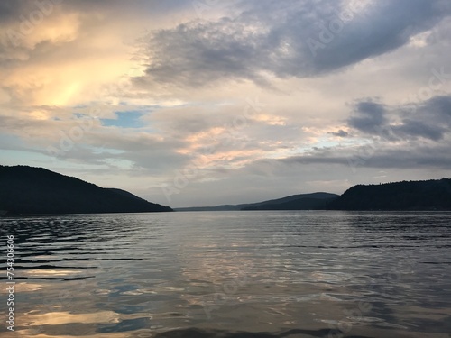 sunset over the mountain lake