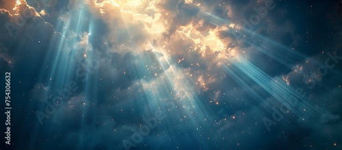 God Rays Shining Through Clouds in Space - Divine Presence and Spiritual Illumination photo