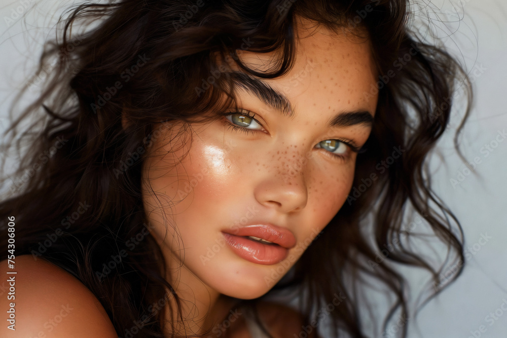 Portrait of a glamorous woman model showcasing fresh daily makeup and a romantic wavy hairstyle. shiny highlighter on her skin, sexy glossy lips makeup, and defined dark eyebrows. Portrait of a glamorous woman model showcasing fresh daily makeup and a romantic wavy hairstyle. shiny highlighter on her skin, sexy glossy lips makeup, and defined dark eyebrows.