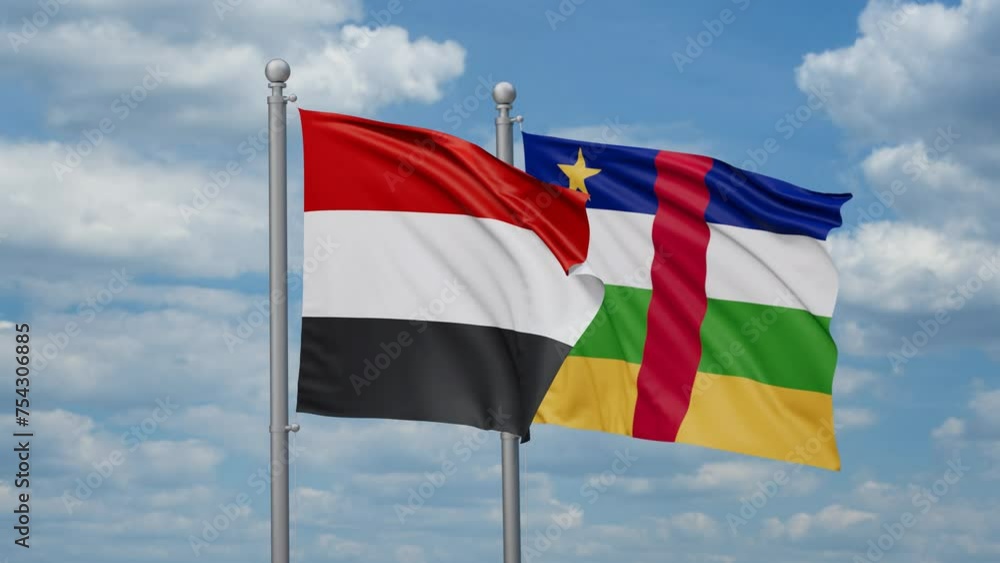 Central African Republic and Yemen two flags waving together, looped video, two country relations concept Central African Republic and Yemen two flags waving together, looped video, two country relations concept