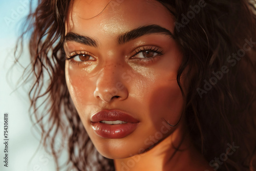 Portrait of a glamorous woman model showcasing fresh daily makeup and a romantic wavy hairstyle. shiny highlighter on her skin, sexy glossy lips makeup, and defined dark eyebrows.