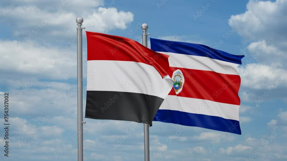 Costa Rico and Yemen two flags waving together, looped video, two country cooperation concept Costa Rico and Yemen two flags waving together, looped video, two country cooperation concept