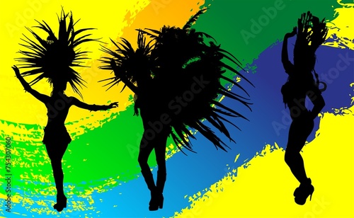 samba, baile, brasil, danza, carnaval, silueta, color, vector, pegatina, plumas, traje, ilustracion, angel, diablo 
