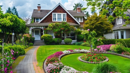 very neat and colorful home with gorgeous outdoor landscape ,house surrounded by manicured lawn and flowers, with view of the garden visible from the front door , classic house  , dream style