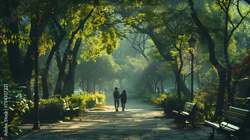 Early Morning or Evening Walk Couple Amidst Lush Green Park