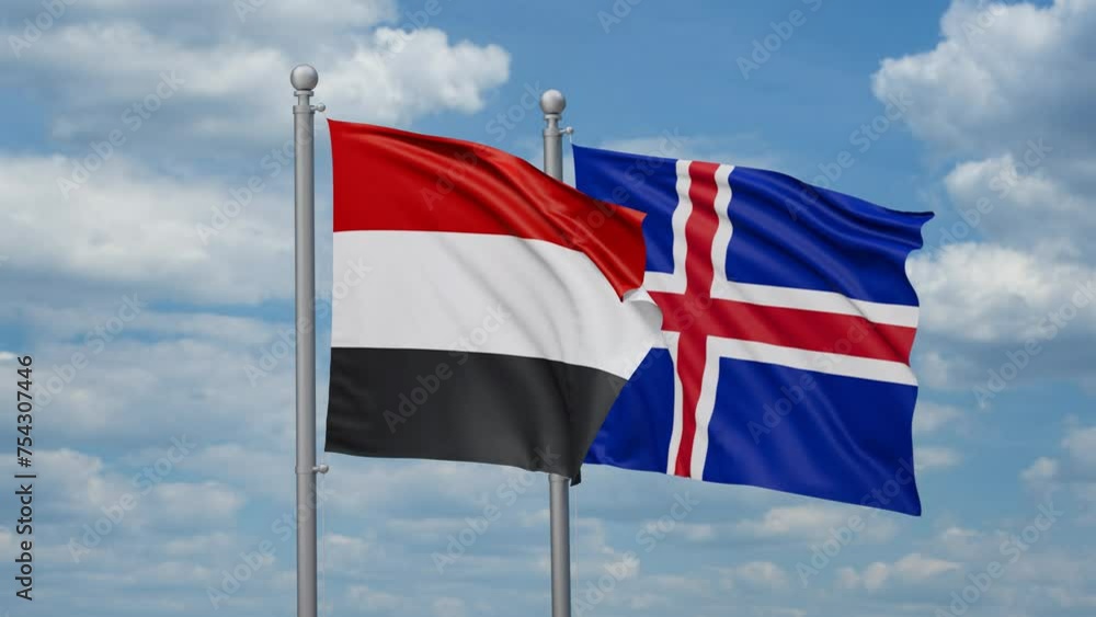 Iceland and Yemen two flags waving together, looped video, two country cooperation concept Iceland and Yemen two flags waving together, looped video, two country cooperation concept