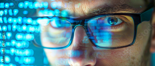 A man wearing glasses is looking at a computer screen with a blue background
