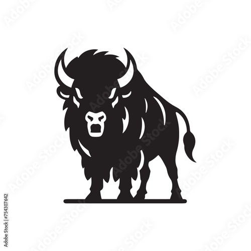 Bison Charge: Vector Silhouette Illustration of Majestic Bison in the Wild West Landscape. Ideal for Western-themed Designs. Bison vector.