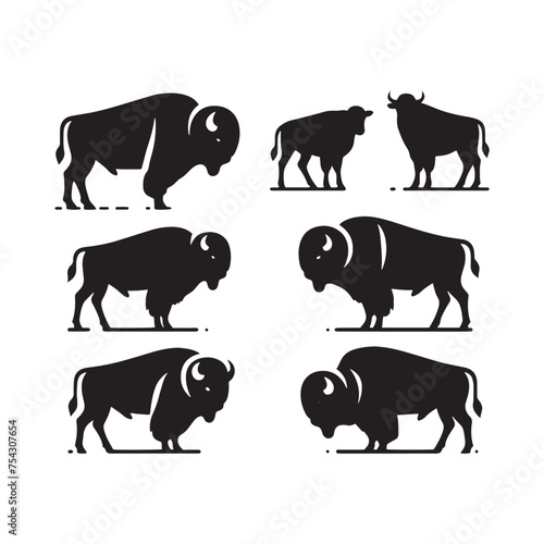 Bison Charge: Vector Silhouette Illustration of Majestic Bison in the Wild West Landscape. Ideal for Western-themed Designs. Bison vector.