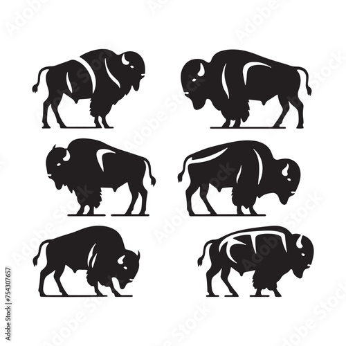 Bison Charge: Vector Silhouette Illustration of Majestic Bison in the Wild West Landscape. Ideal for Western-themed Designs. Bison vector.