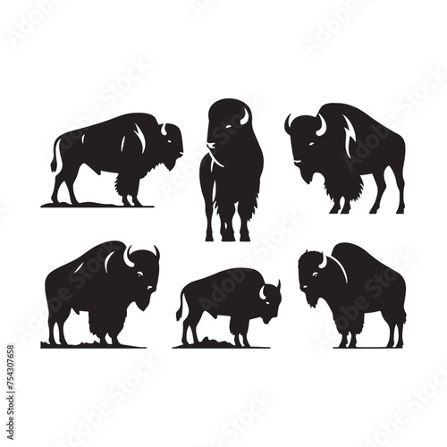 Bison Charge: Vector Silhouette Illustration of Majestic Bison in the Wild West Landscape. Ideal for Western-themed Designs. Bison vector.
