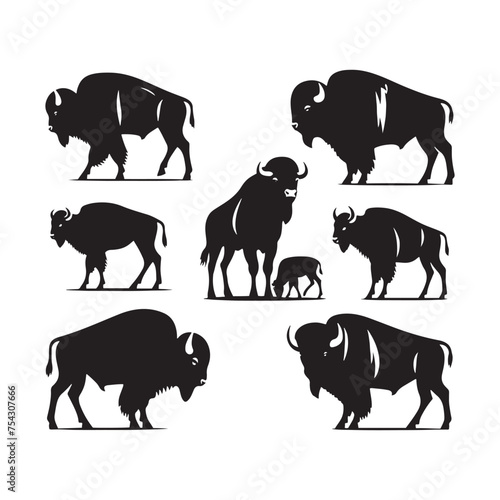 Bison Charge: Vector Silhouette Illustration of Majestic Bison in the Wild West Landscape. Ideal for Western-themed Designs. Bison vector.