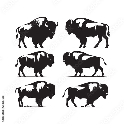 Bison Charge: Vector Silhouette Illustration of Majestic Bison in the Wild West Landscape. Ideal for Western-themed Designs. Bison vector.