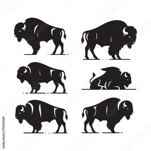 Bison Charge: Vector Silhouette Illustration of Majestic Bison in the Wild West Landscape. Ideal for Western-themed Designs. Bison vector.