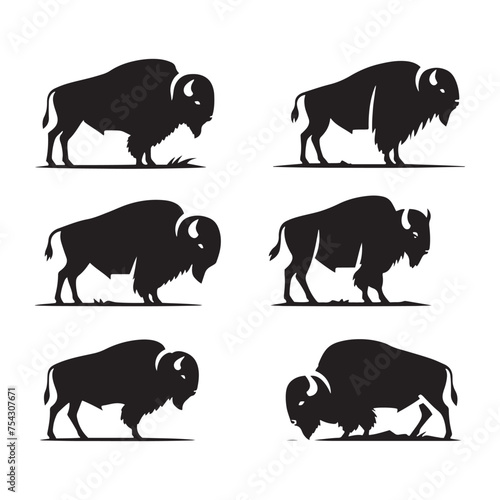 Bison Charge: Vector Silhouette Illustration of Majestic Bison in the Wild West Landscape. Ideal for Western-themed Designs. Bison vector.