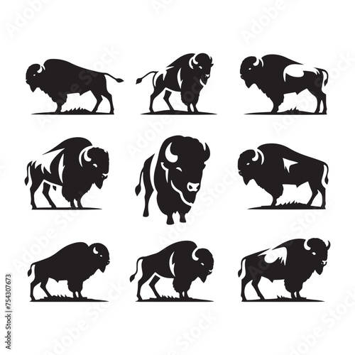 Bison Charge: Vector Silhouette Illustration of Majestic Bison in the Wild West Landscape. Ideal for Western-themed Designs. Bison vector.