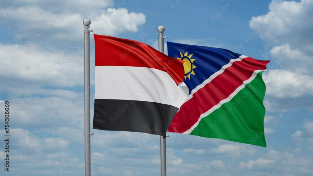 Yemen and Namibia two flags waving together, looped video, two country relations concept Yemen and Namibia two flags waving together, looped video, two country relations concept