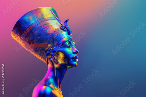 Nefertiti statue banner, gradient, holographic style, light purple and blue, fashion, beauty industry, jewelry with empty space for your design photo