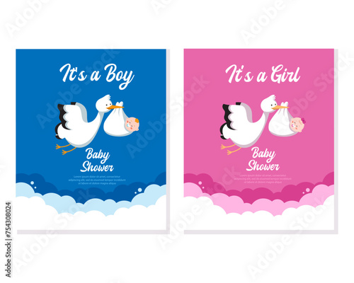 Cute cartoon baby shower invitation card to celebrate newborn baby and children. It's a girl, stork bird with newborn baby, vector illustration