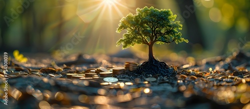 Coins Sprouting Tree in Sunlit Forest Financial Growth and Strategic Planning photo