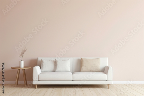 Behold the simplicity of a single beige and Scandinavian sofa next to a white blank empty frame for copy text, against a soft color wall background.