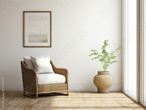 Behold the timeless beauty of a modern living room boasting a wicker chair, floor vases, and a blank mockup poster frame against a clean white wall.