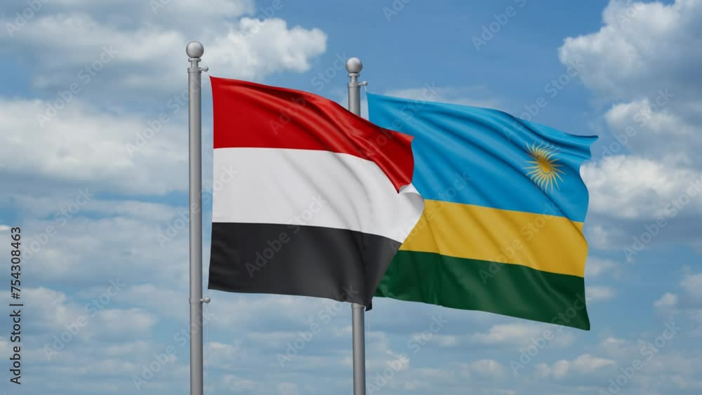 Republic of Rwanda and Yemen two flags waving together, looped video, two country cooperation concept Republic of Rwanda and Yemen two flags waving together, looped video, two country cooperation concept