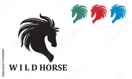 GREAT WILD HORSE HEAD LOGO, silhouette of strong big horse head logo, vector illustrations