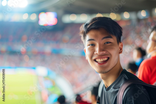 Happy asian youngman supporter  , male fan at a sports event such as football photo