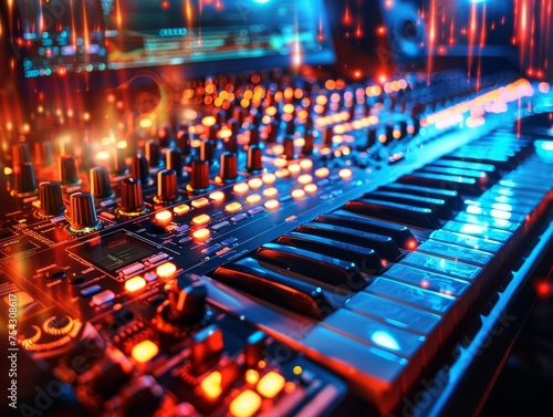 High-tech music studio equipment with neon lights, ideal for projects related to sound engineering, DJ culture, and electronic music production © mshynkarchuk