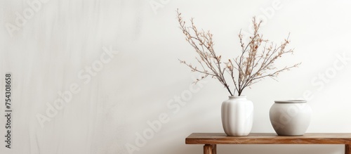Two white vases are placed neatly on a wooden table in a room, with a chair nearby and a white wall in the background. The vases seem to be empty.