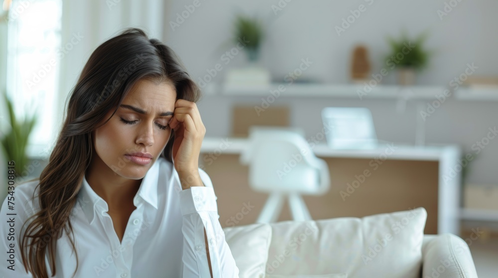 Fototapeta premium Stressed woman at home, headache, worried, white shirt, modern interior.