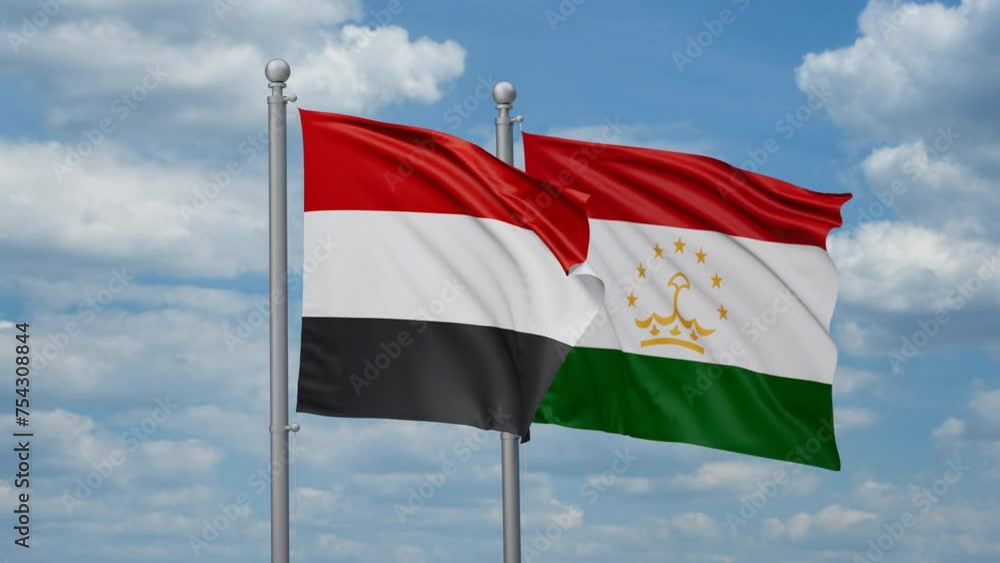Tajikistan and Yemen two flags waving together, looped video, two country cooperation concept Tajikistan and Yemen two flags waving together, looped video, two country cooperation concept