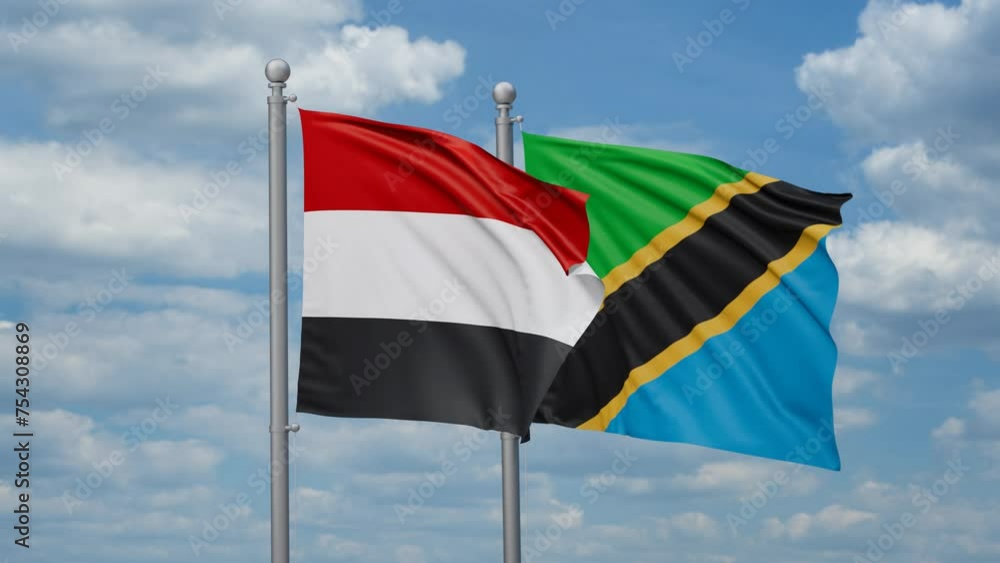 Tanzania and Yemen two flags waving together, looped video, two country cooperation concept Tanzania and Yemen two flags waving together, looped video, two country cooperation concept