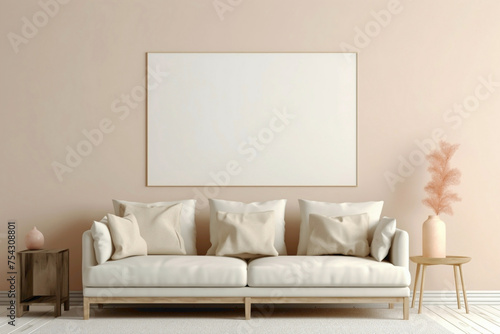 Behold the tranquility of a beige and Scandinavian sofa juxtaposed with a white blank empty frame for copy text, against a soft color wall background.