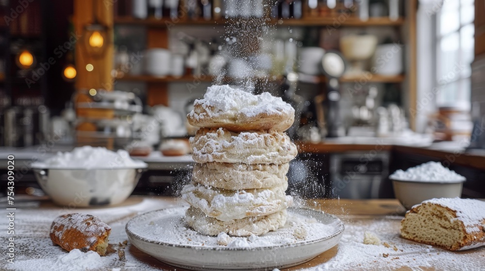 a stack of doughnuts sitting on top of a plate covered in powdered sugar next to a bowl of powdered sugar. a stack of doughnuts sitting on top of a plate covered in powdered sugar next to a bowl of powdered sugar.