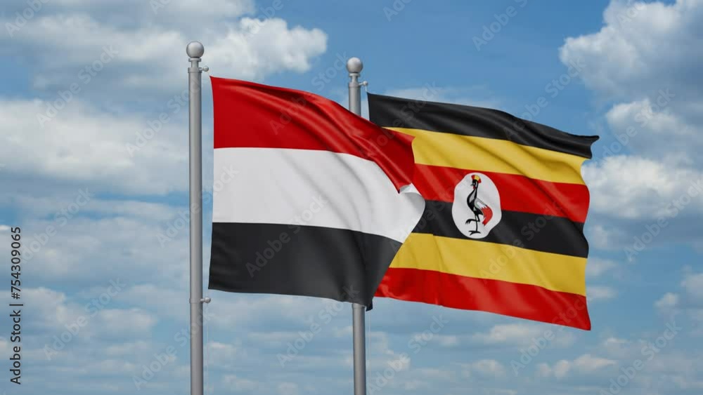 Republic of Uganda and Yemen two flags waving together, looped video, two country cooperation concept Republic of Uganda and Yemen two flags waving together, looped video, two country cooperation concept