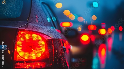  a close up of a car's tail lights on a city street with blurry traffic in the background. © Kaija